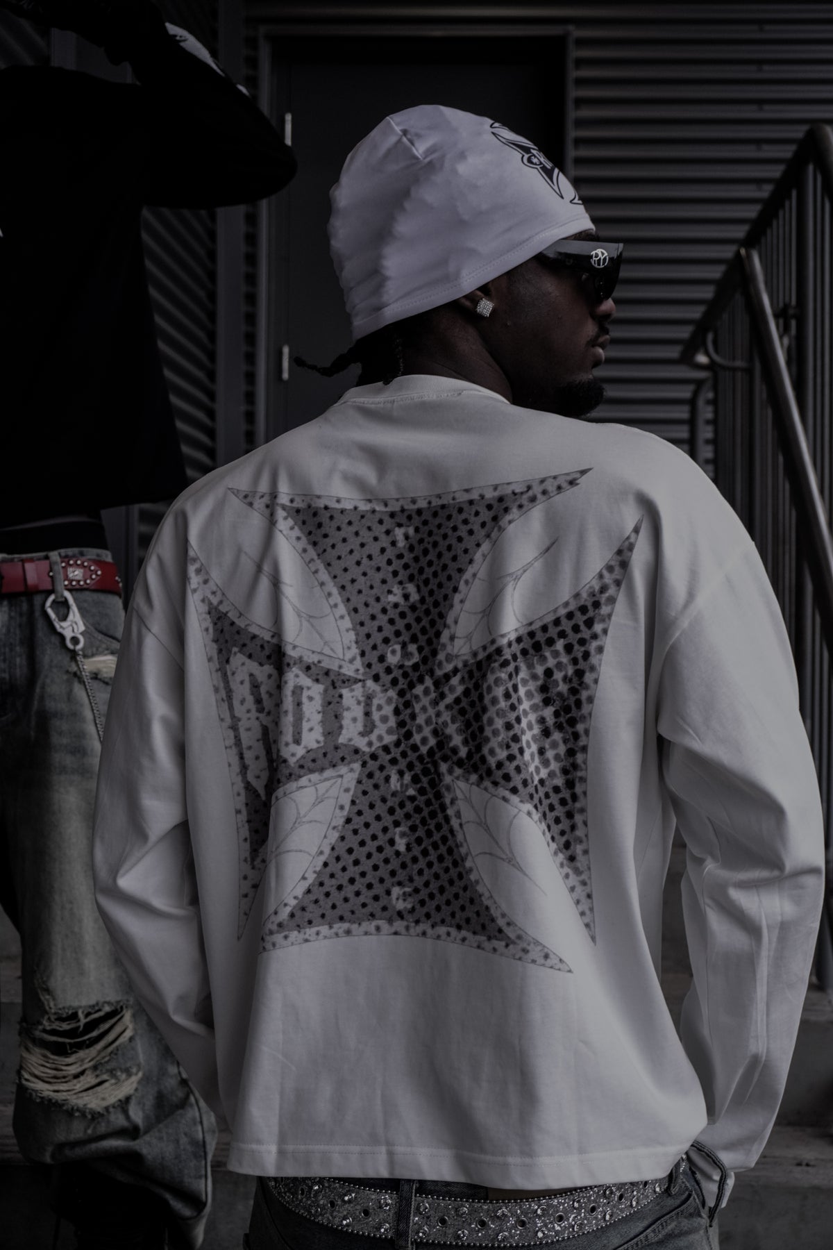 White Vandal Long Sleeve back print with a skull cap