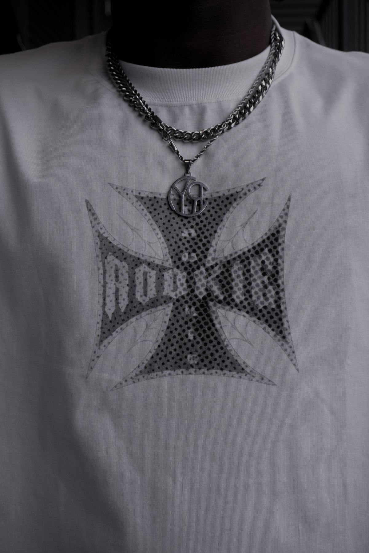 ROTY Logo Necklace styled with the White Vandal Long Sleeve