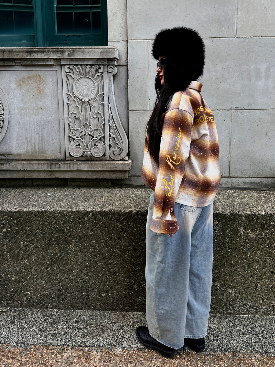 Iron Rust Iced Out Flannel styled with wide-leg denim